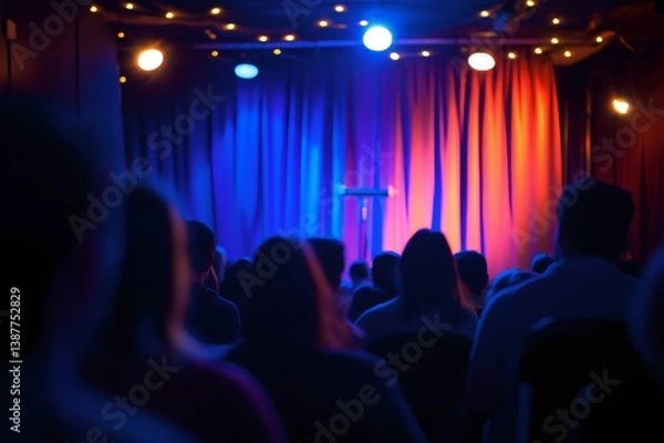 Fototapeta Spectators enjoying a live performance on a small stage in a cozy venue with colorful curtains and soft lighting