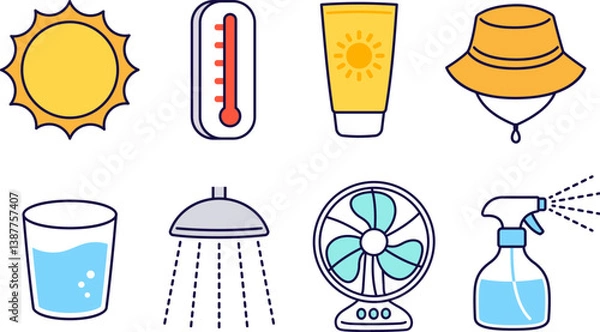 Obraz Heat stroke prevention and summer cooling icon set for infographics. Sun protection, hydration. Vector clip art illustrations. Simple cartoon hand drawn doodle style.