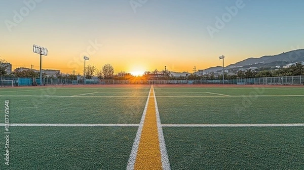 Fototapeta A football field with bright, freshly painted lines and goalposts under the early morning sky, awaiting action