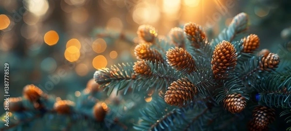 Obraz breathtaking peaceful spring nature scenery, pinecone on branch with gold bokeh light in forest 