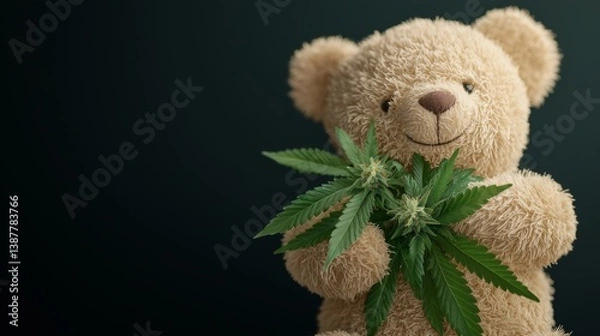 Fototapeta Cute bear doll embracing a marijuana bush on a black background, perfect for street style t-shirt design, vibrant graphic vector illustration, playful and edgy aesthetic