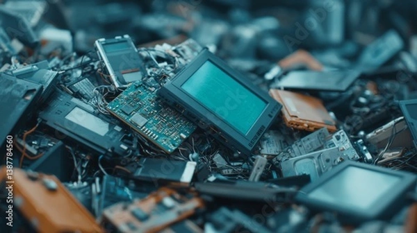 Fototapeta E-Waste Recycling Process, a tech recycling facility focused on sorting electronic waste, separating recyclables, and safely removing hazardous materials for environmental sustainability