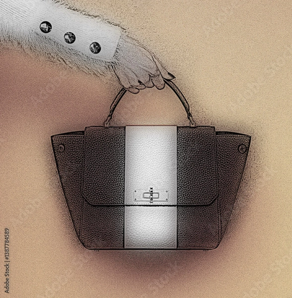 Fototapeta A nice, elegant woman handbag. A hand in a white, furry, long-sleeved garment with black buttons holds a structured handbag.  