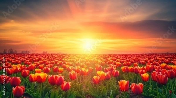 Obraz Tulip field with perfectly aligned rows in red, yellow, and pink creating a vibrant floral pattern beneath a spring sky