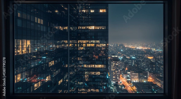Fototapeta Night Cityscape View Through a Window Showcasing Illuminated Buildings and Urban Lights