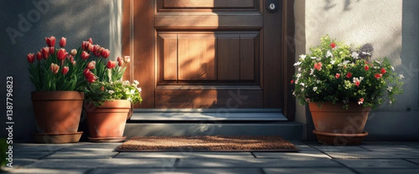 Fototapeta charming front door adorned with vibrant spring flowers in terracotta pots, creating welcoming atmosphere. sunlight casts gentle shadows, enhancing beauty of scene