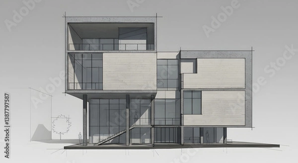 Obraz Modern House Architectural Drawing with Geometric Design and Glass Windows