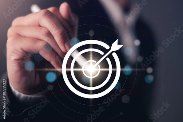 Fototapeta Businessman write target and Vision icon Strategic Arrows Driving Marketing, Finance, and Investment Success winning goals and company growth through focused planning.