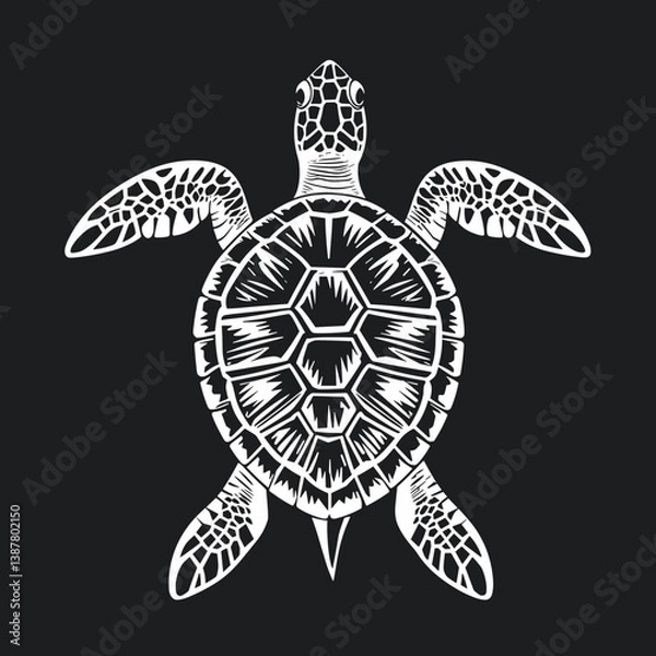Fototapeta Sea turtle on a dark background symbolizes wisdom and calmness in a detailed black and white illustration with copy space. Earth Day and Nature Protection concept