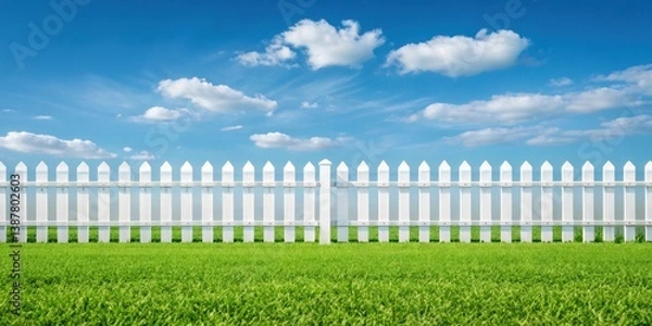 Fototapeta White picket fence against a bright blue sky with fluffy clouds and green grass below.