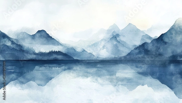 Obraz serene landscape featuring watercolor painting of mountains and calm lake, reflecting soft hues of blue and gray. tranquil scene evokes sense of peace and natural beauty
