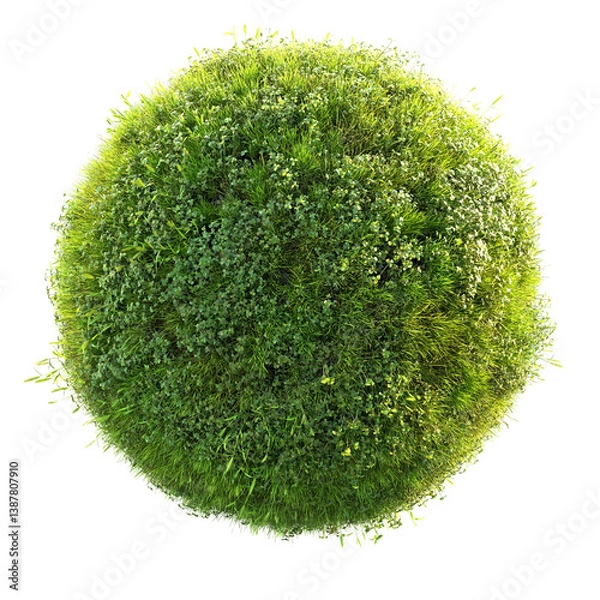 Obraz green grass planet isolated on white background, Conceptual 3D rendering resembling a miniature grassy planet