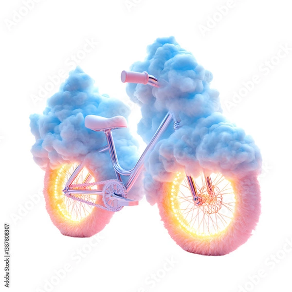 Fototapeta A Fluffy 3D Cartoon Bicycle with Glowing Wheels and Smoke Cloud Isolated on Transparent Background