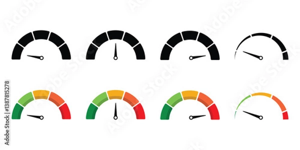 Obraz Speedometer icon set. Set of gauges from low to high. Risk meter icon set. Risk concept on speedometer. Set of gauges from low to high.