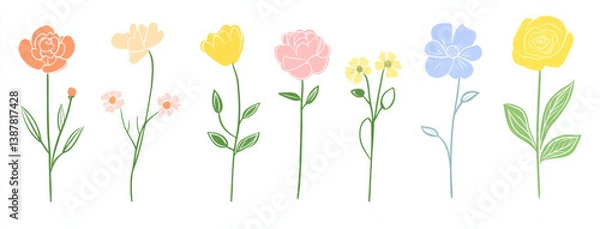Obraz Delicate one line drawing flowers in various colors, showcasing beautiful arrangement of blooms that evoke sense of joy and tranquility. Perfect for floral designs and illustrations