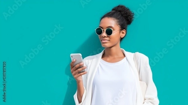 Obraz Stylish woman using smartphone against turquoise wall