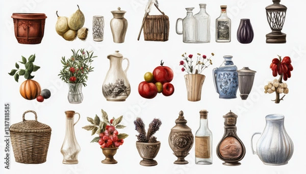 Obraz collection of various decorative objects and containers, including fruits, vases, and bottles, arranged artistically. items showcase blend of textures and colors, evoking sense of nostalgia