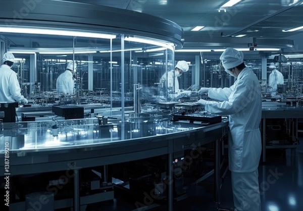 Fototapeta A group of people in white lab coats are working in a lab. The lab is filled with various equipment and the workers are focused on their tasks. Scene is serious and focused