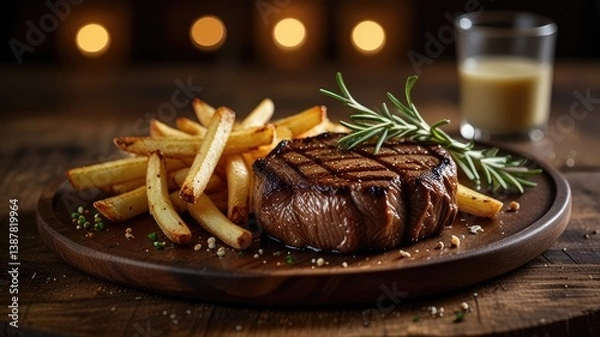 Fototapeta Grilled Steak with Rosemary Garnish and Crispy Fries on Black Plate generative Ai