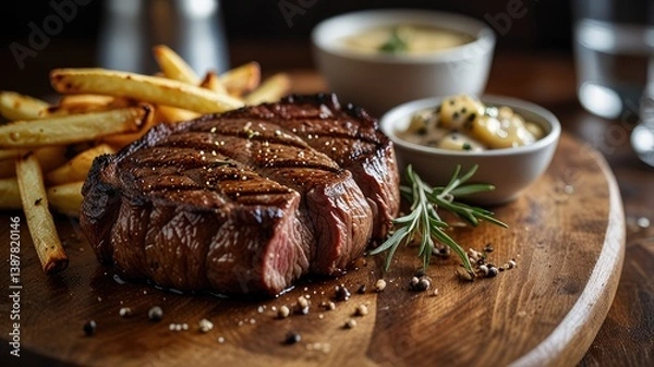 Fototapeta Grilled Steak with Rosemary Garnish and Crispy Fries on Black Plate generative Ai