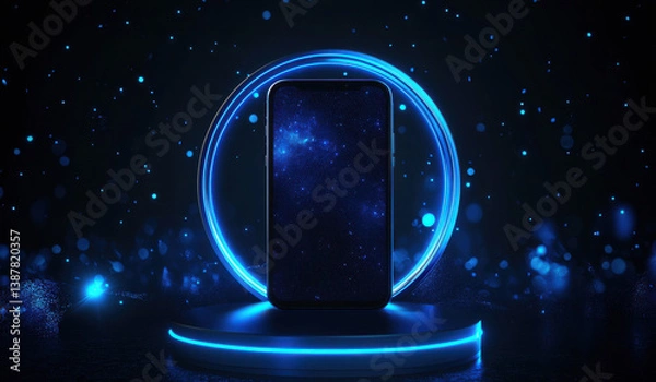 Obraz sleek smartphone is showcased glowing blue circular light against dark background, creating futuristic and captivating atmosphere. vibrant blue hues and sparkling effects enhance modern design