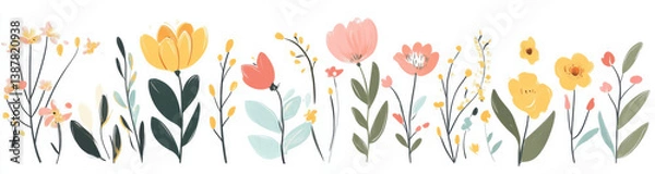 Obraz vibrant collection of cute flowers in various colors and styles, showcasing cheerful and lively garden scene. This illustration captures essence of nature beauty and joy