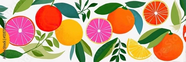 Obraz Colorful citrus fruits and leaves forming a vibrant and refreshing seamless pattern