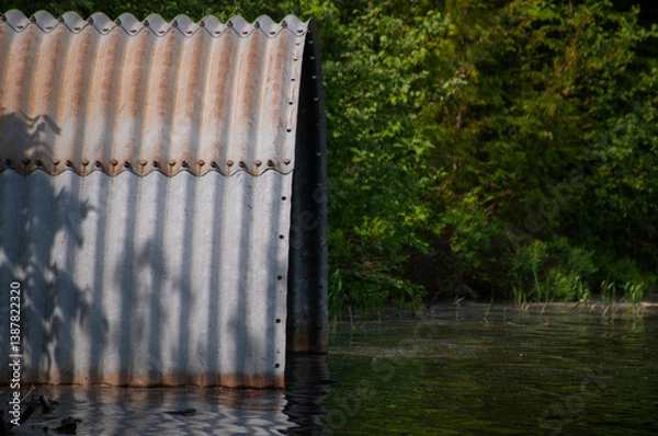 Fototapeta A partially submerged corrugated metal culvert near the edge of a forested lake. Capturing a rustic yet harmonious interaction of industrial with nature.