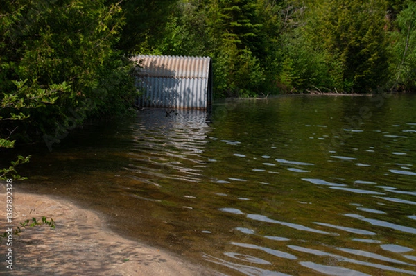 Fototapeta A partially submerged corrugated metal culvert near the edge of a forested lake. Capturing a rustic yet harmonious interaction of industrial with nature.