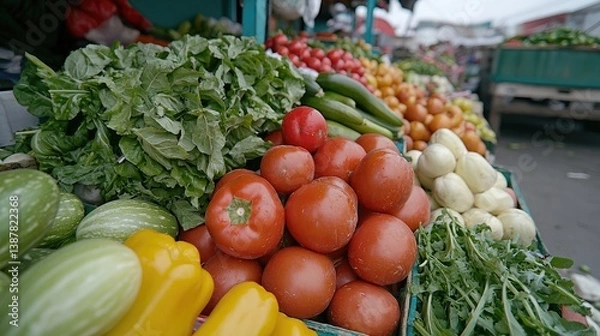 Fototapeta Fresh produce overflowing from market stalls.  Vibrant display of various vegetables and fruits