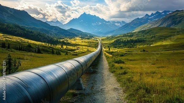 Fototapeta A long pipe runs through a grassy field with mountains in the background. Concept of vastness and natural beauty