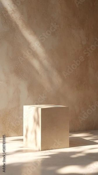 Fototapeta Cube Beige Podium on Floor, Wall Backdrop, Harsh Sunlight, Tree Shadows, 3D Render