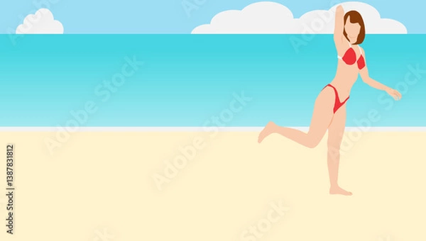Fototapeta 浜辺で夏休みを満喫する女性のイラスト(海水浴)