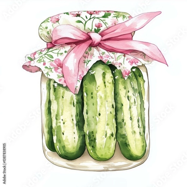 Fototapeta Delicious homemade pickles in a jar with a floral fabric cover and bow Generative AI