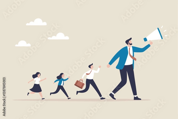 Fototapeta Leadership for team direction, success strategy, lead team to achieve goal, inspiration or motivate employee, manager or company mission concept, businessman leader megaphone pointing team direction.