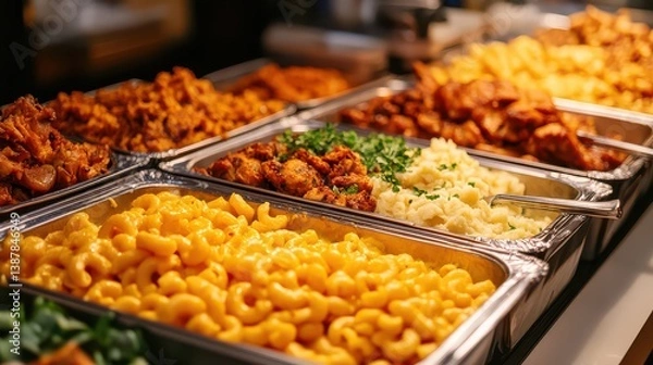 Obraz A buffet of classic comfort foods like macaroni and cheese, roasted chicken, and mashed potatoes on a white table.