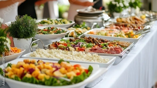 Obraz A buffet-style lunch with fresh salads, grilled meats, and side dishes on a white table.