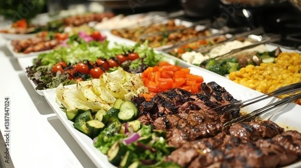 Fototapeta A buffet-style lunch with fresh salads, grilled meats, and side dishes on a white table.