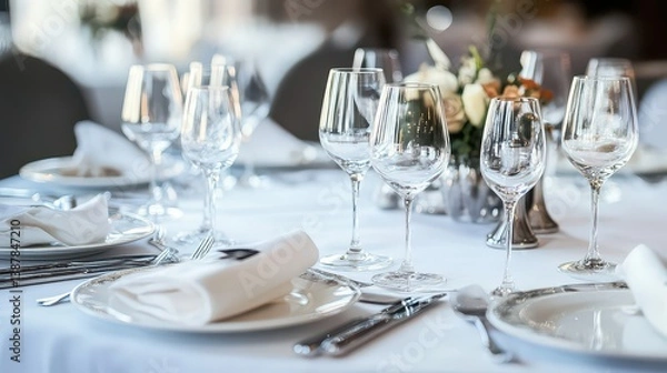 Obraz A clean and elegant white table decorated with various international dishes, neatly plated.