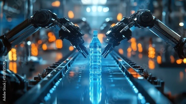 Obraz Automated robotic arms inspecting water bottles as they move along a conveyor belt in a clean factory.