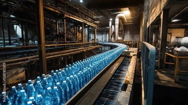 Fototapeta Industrial-scale water production with conveyor belts transporting thousands of bottles daily.