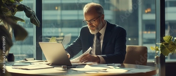 Fototapeta A man in a suit is sitting at a desk with a laptop and a stack of papers. He is working on something important, possibly a report or a presentation. Concept of professionalism and focus
