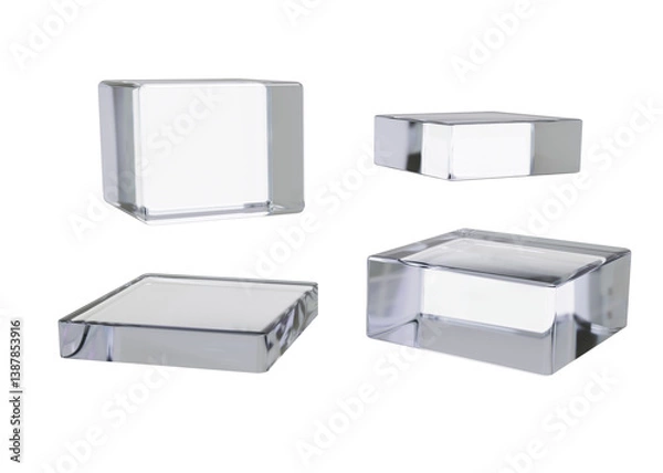 Fototapeta Transparent glass cubes on transparent background. Set of 3D glass cubes in clear tones with smooth reflective surfaces. Crystal square platform, plastic pedestal for product presentation