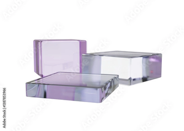 Fototapeta Transparent glass cubes on transparent background. Set of 3D glass cubes in pink and clear tones with smooth reflective surfaces. Crystal square platform, plastic pedestal for product presentation
