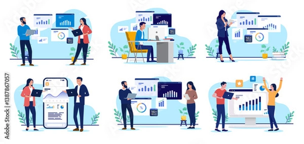Fototapeta Businesspeople with business charts, data and graphs vector collection -  Set of illustrations with people analysing and looking at company results and financial information in flat design style