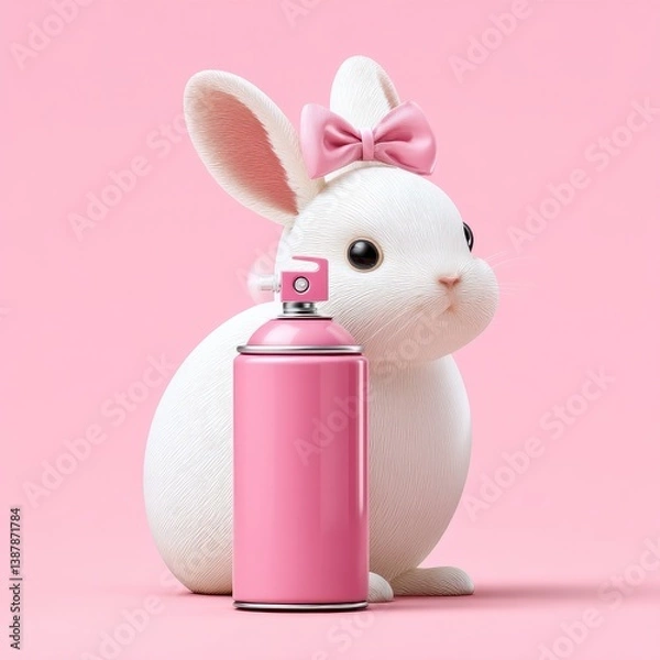 Fototapeta Cute Bunny with Pink Spray Can and Bow in a Playful Setup