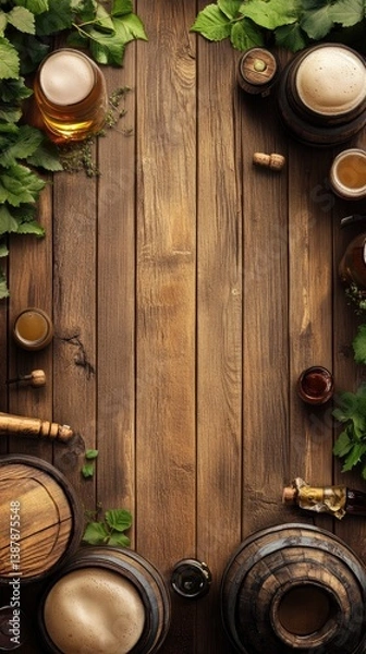 Obraz Rustic wooden table setting with assorted brewing items and fresh leaves