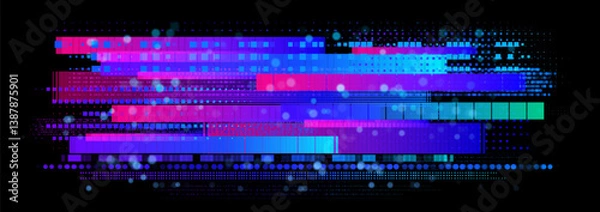 Fototapeta Wide glitch banner with purple and blue pixelated cross lines forming a dynamic digital background for banners web pages and presentations highlighting vibrant gaming aesthetics and futuristic design