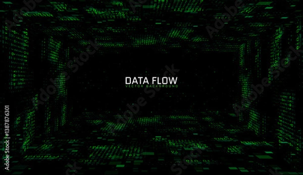 Fototapeta Cyber tunnel with green glow shows speed and digital data flow. Wireframe structure with lines and dots forms a technological space resembling a matrix decoder and information portal.