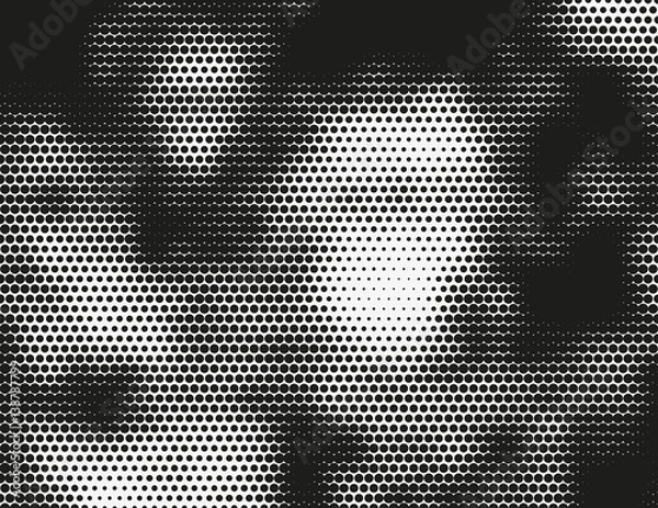 Fototapeta Black and white vector halftone background. Modern monochrome illustration. Chaotic abstract shapes. Grid of dots with different size. Graphic gradient made of round particles. Element of design.